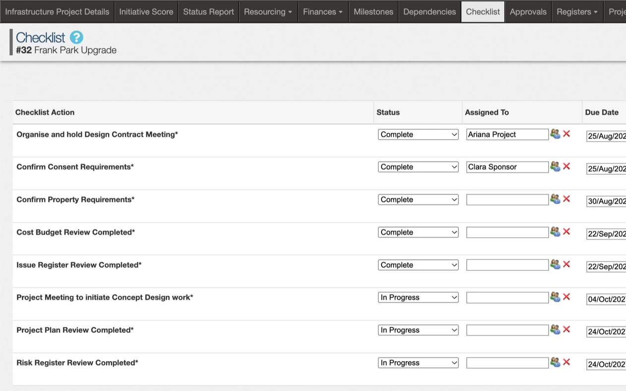 Project checklist in Sentient PPM, tracking the required actions for a delivery phase with status, owner and dates