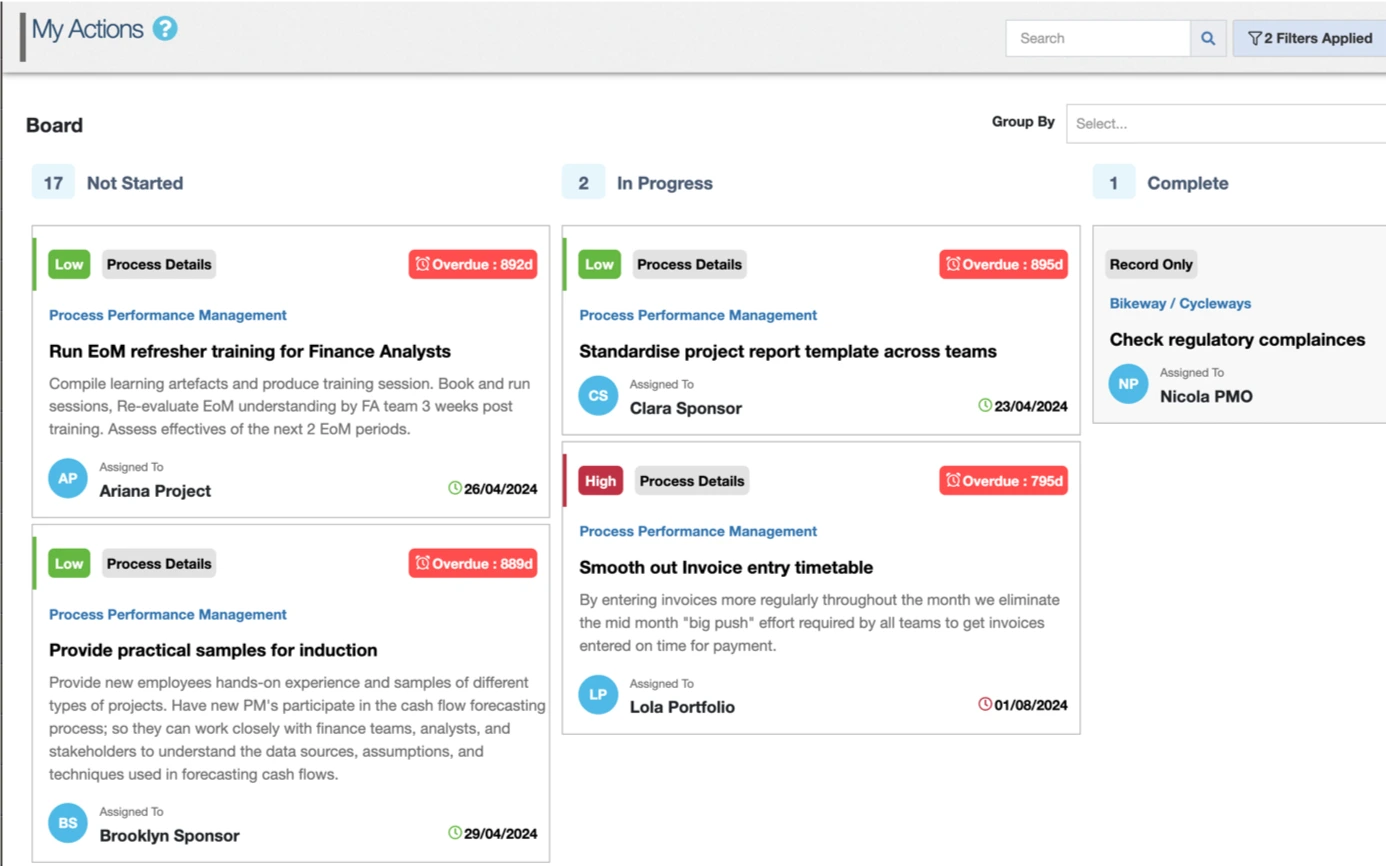 My Actions board in Sentient PPM, with actions grouped as not started, in progress and complete