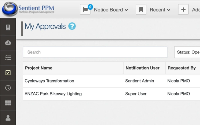 My Approvals portal in Sentient PPM, listing open approvals with requester, approver type and due date