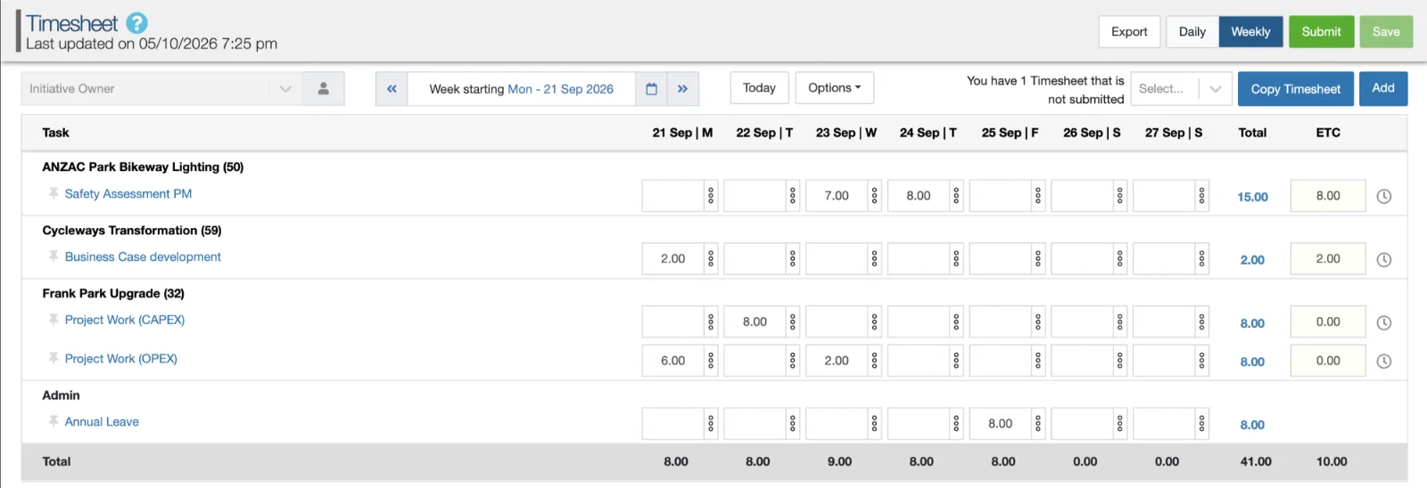 Weekly timesheet in Sentient PPM on desktop and mobile, capturing hours against project tasks and admin